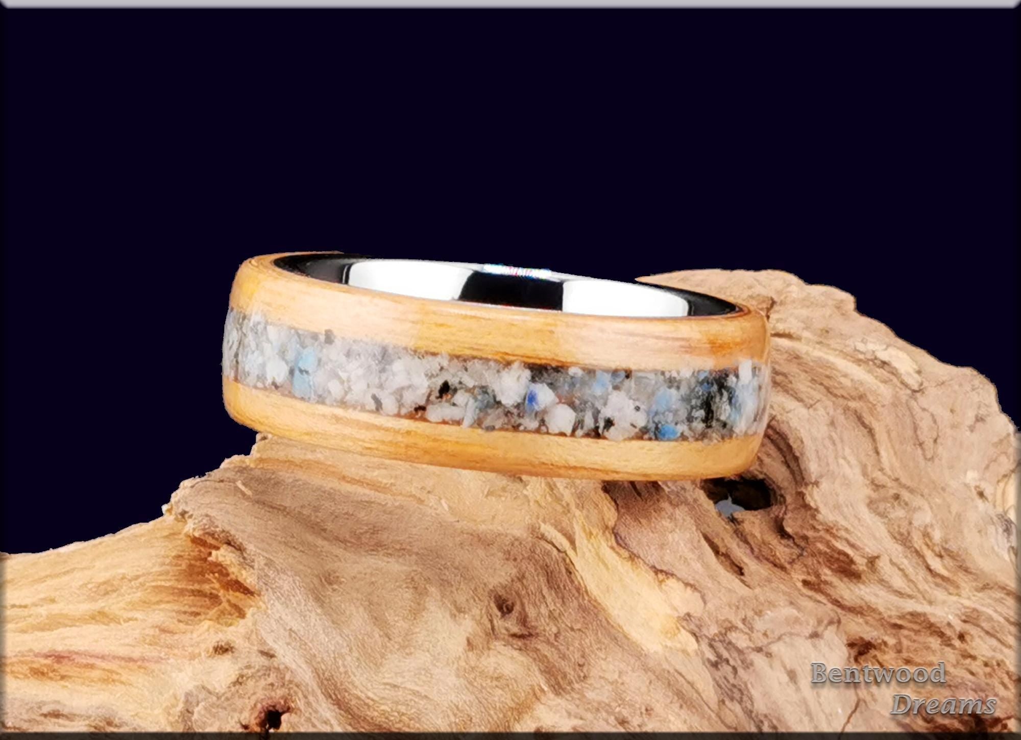 Bentwood Ring: Hickory, inlaid Blueberry Jasper, Tungsten Carbide core, Quick Ship