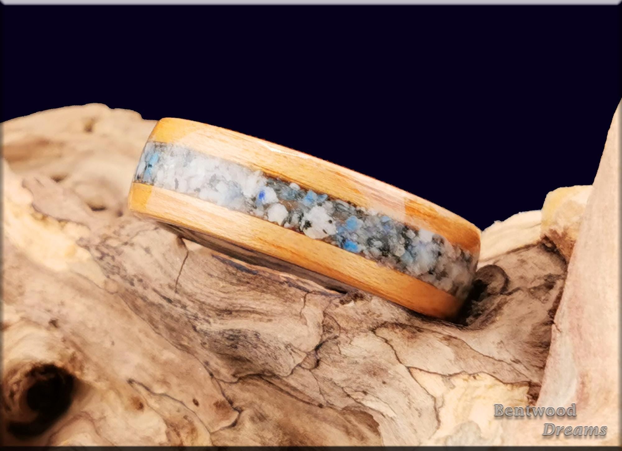 Bentwood Ring: Hickory, inlaid Blueberry Jasper, Tungsten Carbide core, Quick Ship