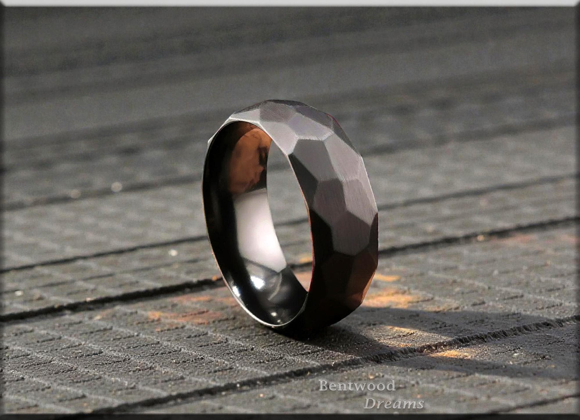 Hammered Brushed Black Zirconium Band - hammered metal ring