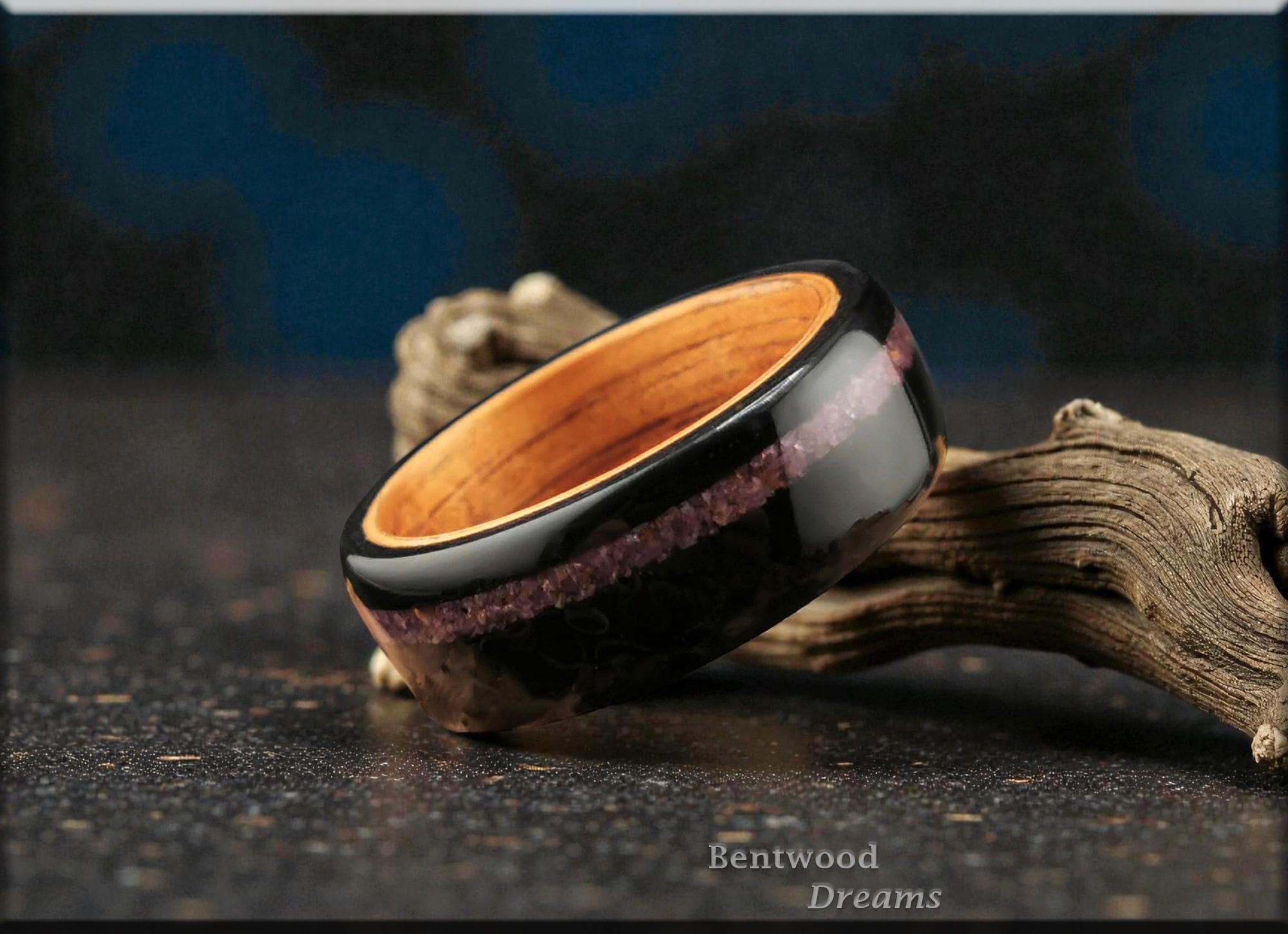 Handmade Bentwood Ring: Black Maple, Ruby Inlay, Wood Core