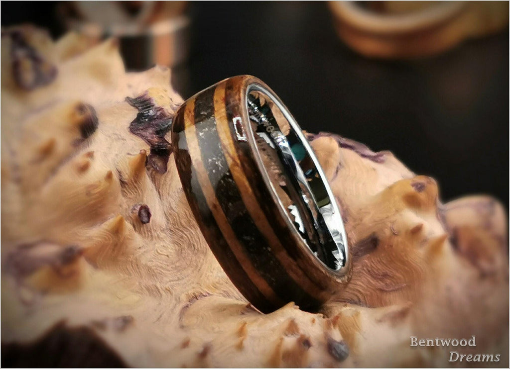 Bentwood Ring: Bocote, inlaid Hawaiian Koa and Canyon Diablo Meteorite, White Tungsten core