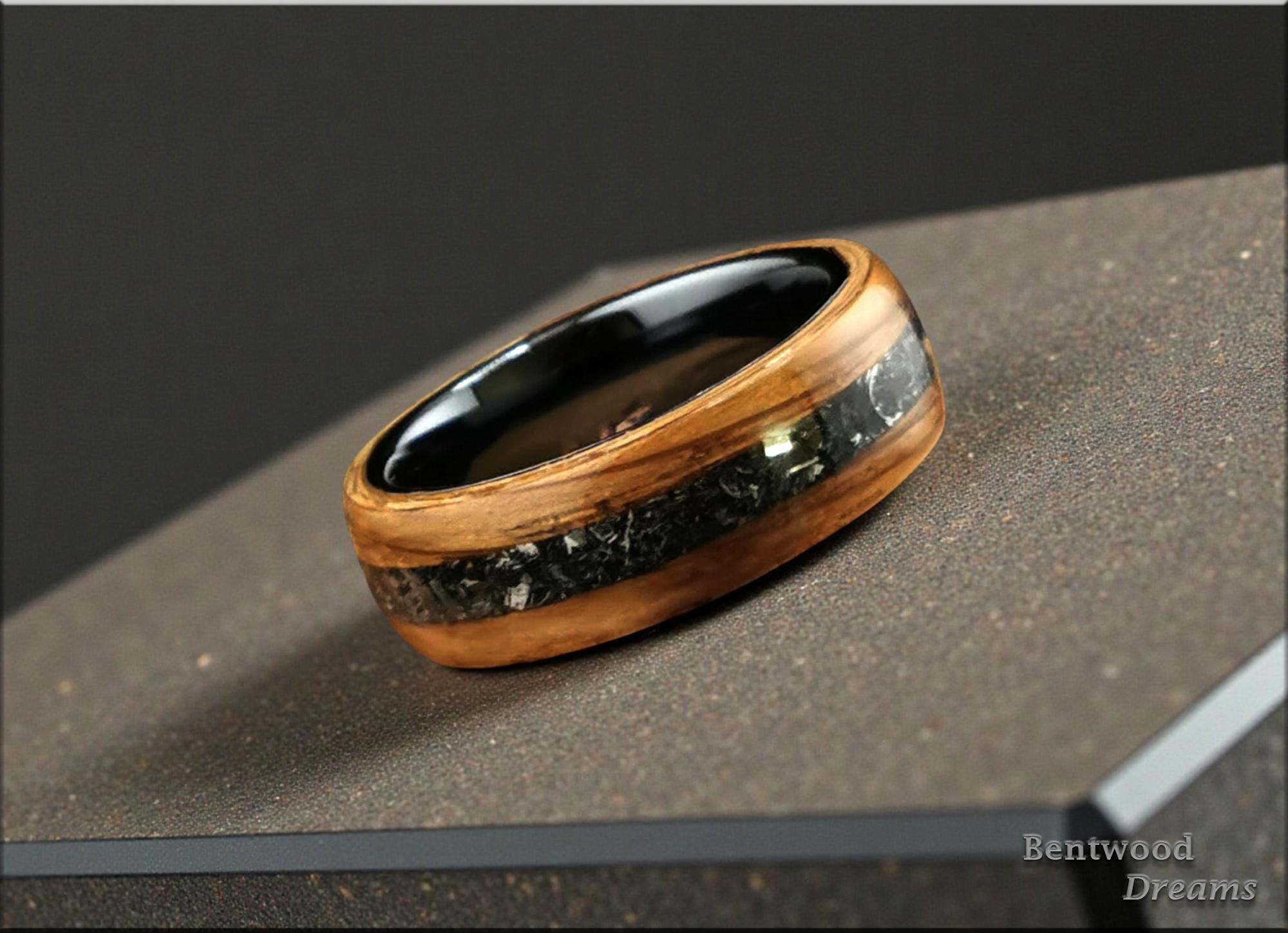 Bog Oak Sapwood Bentwood Ring: Campo de Cielo Meteorite Inlay, Black Ceramic Core