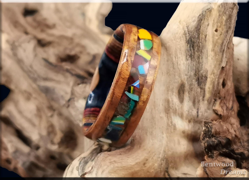 Bentwood Ring: Hawaiian Koa, inlaid Surfite, Multi-colour wood core, Quick Ship