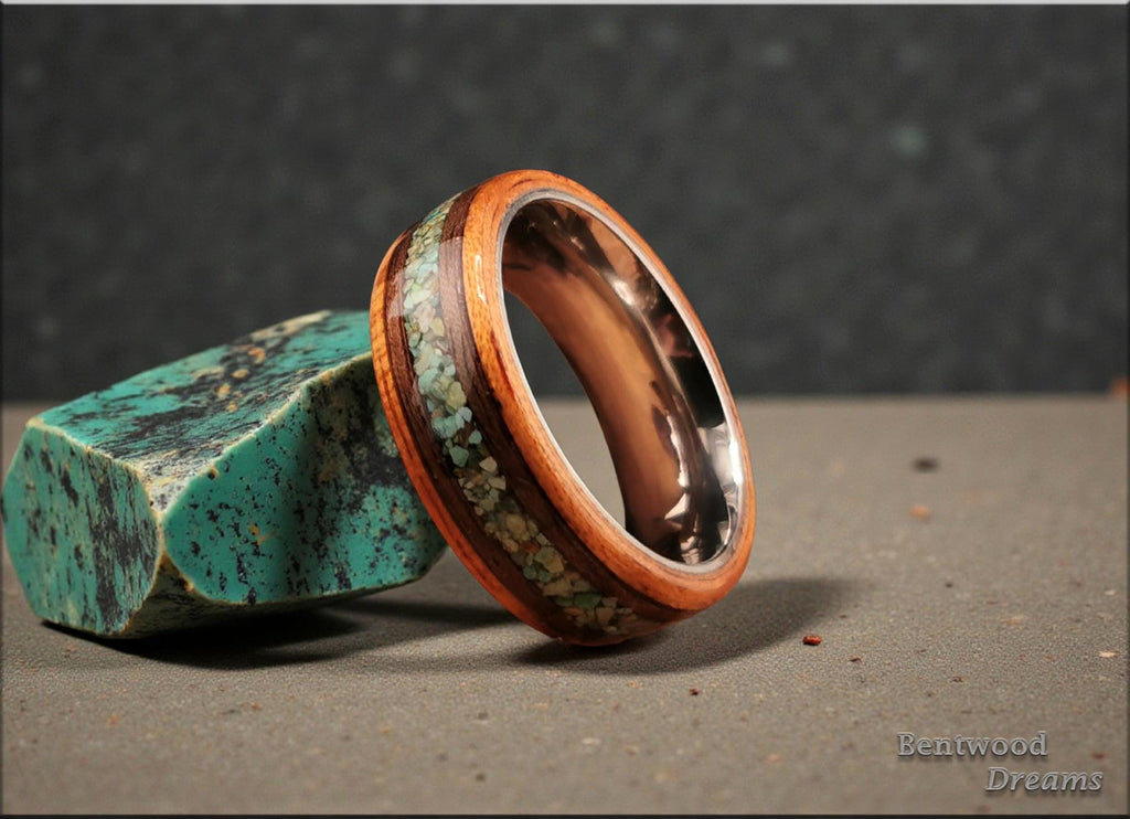 Bentwood Ring: Spanish Cedar, inlaid Curly Walnut and Green Turquoise, Titanium core