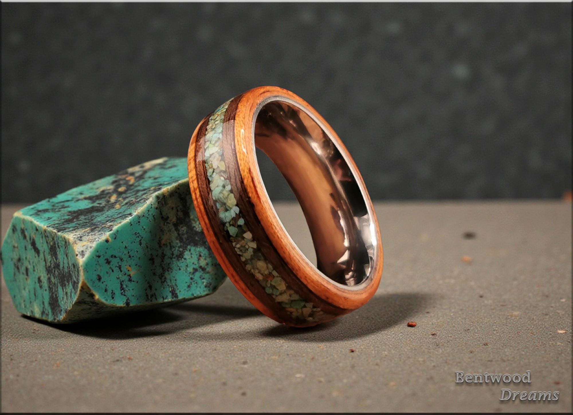 Bentwood Ring: Spanish Cedar, inlaid Curly Walnut and Green Turquoise, Titanium core