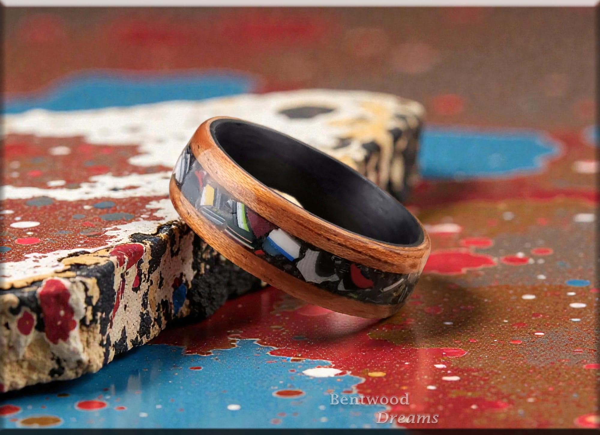 Bentwood Ring: Quartersawn Etimoe, inlaid Fordite, Carbon Fiber core, wood ring