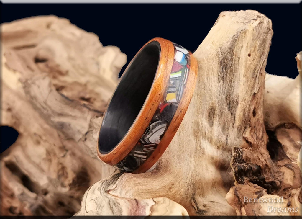 Bentwood Ring: Quartersawn Etimoe, inlaid Fordite, Carbon Fiber core, wood ring