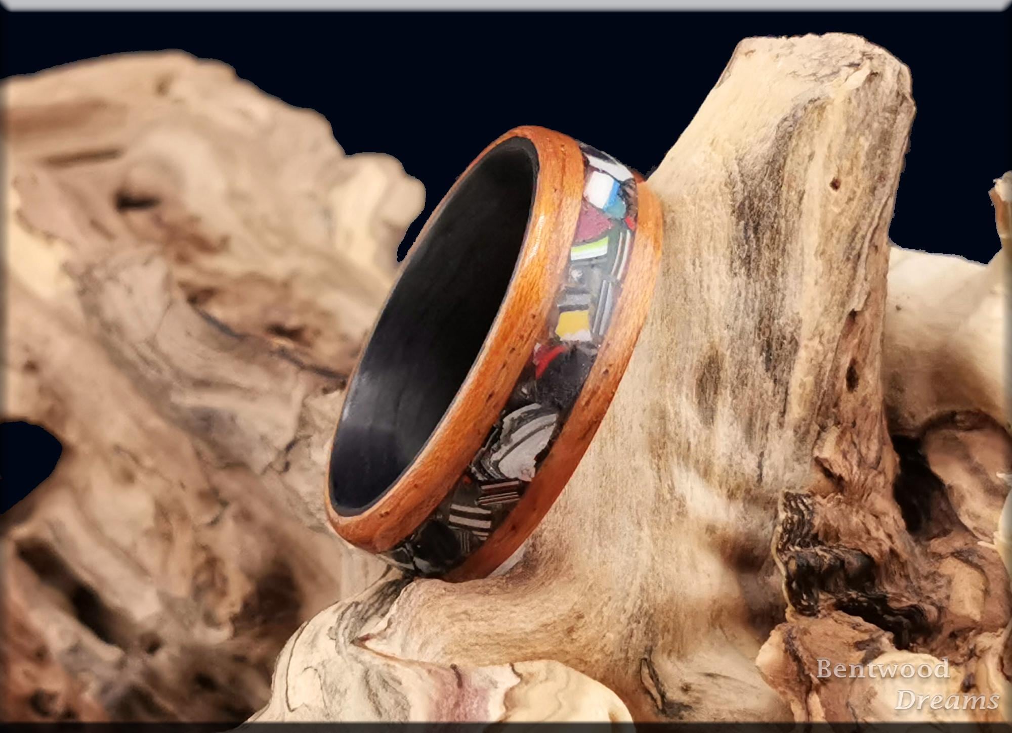Bentwood Ring: Quartersawn Etimoe, inlaid Fordite, Carbon Fiber core, wood ring