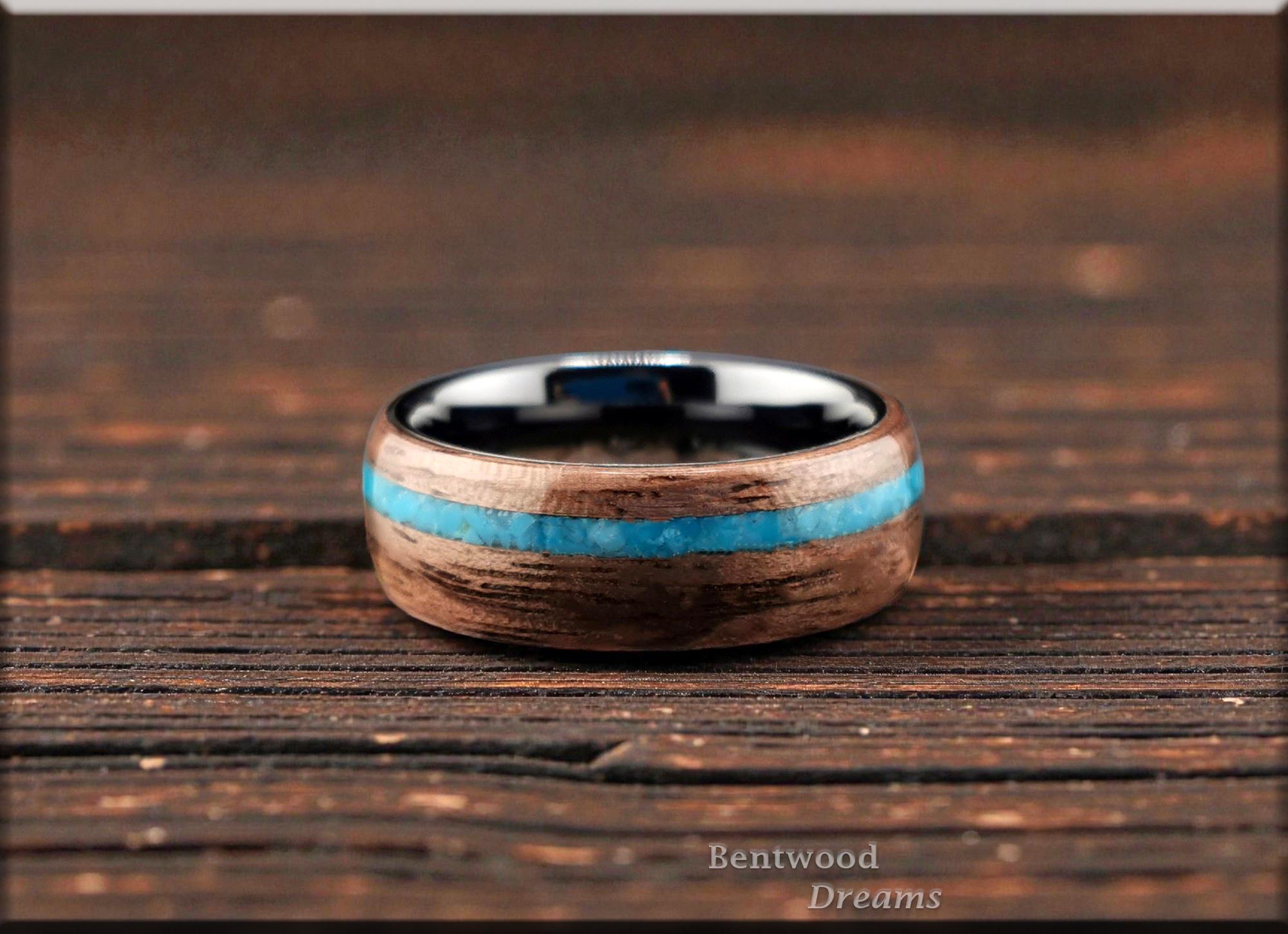 Bentwood Ring: Curly Walnut, Kingman Turquoise, polished Black Ceramic core
