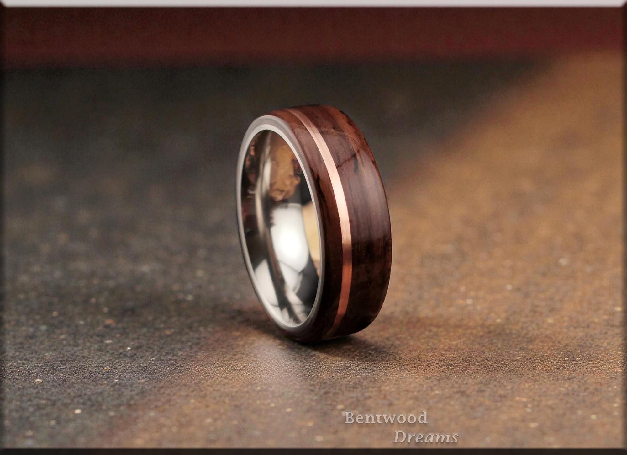 Bentwood Ring: East Indian Rosewood, offset inlaid Copper, Polished Titanium core