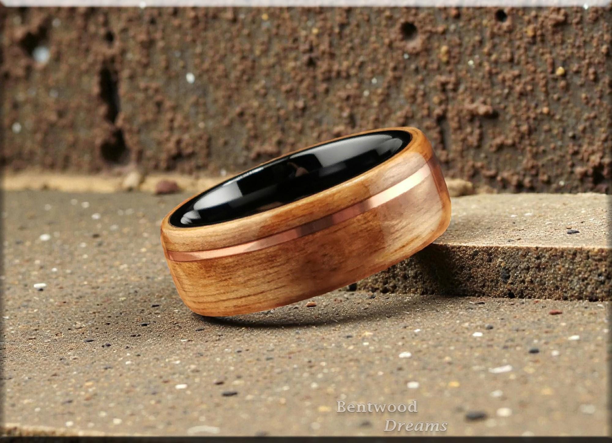 Birdseye Anigre Bentwood Ring: Copper Inlay, Black Ceramic Core
