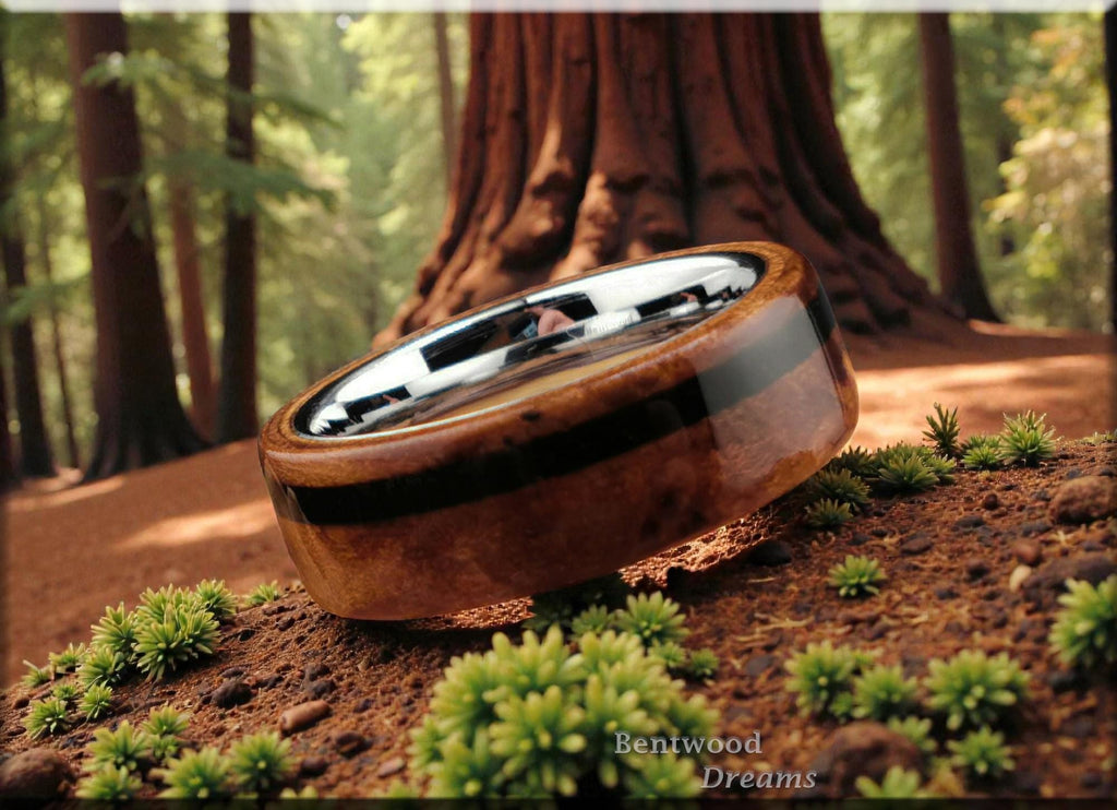 Redwood Burl Bentwood Ring: Black Tourmaline Inlay, Tungsten Core