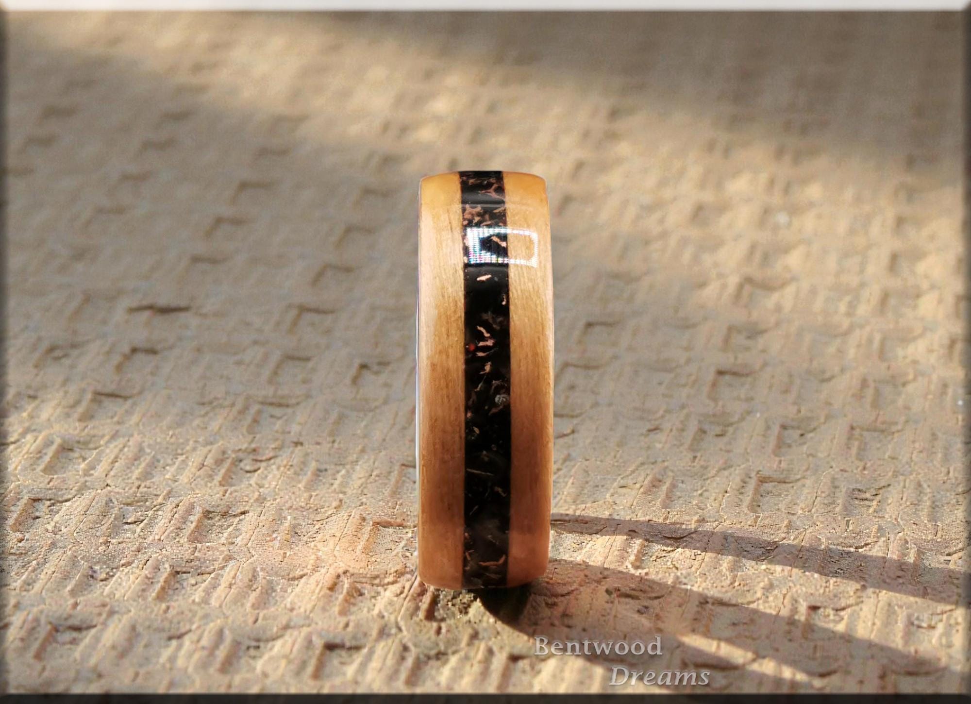 Wild Cherry Bentwood Ring: Black Ceramic Core, Copper Tru-Stone Inlay
