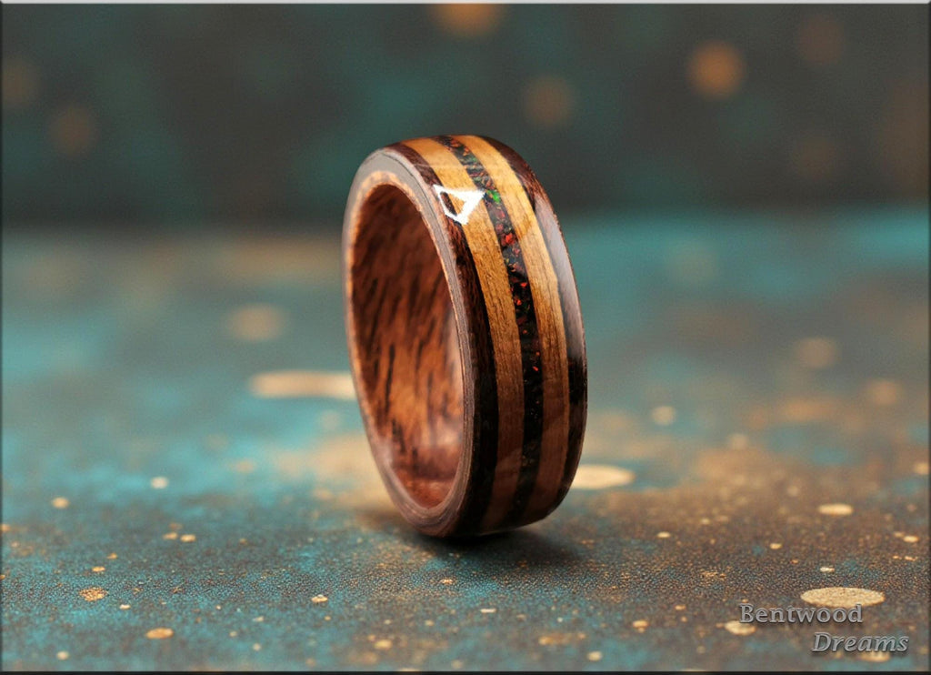 Bentwood Ring: Smoked Etimoe, inlaid Fumed Aspen and Lab Opal, African Raindrop Mahogany core