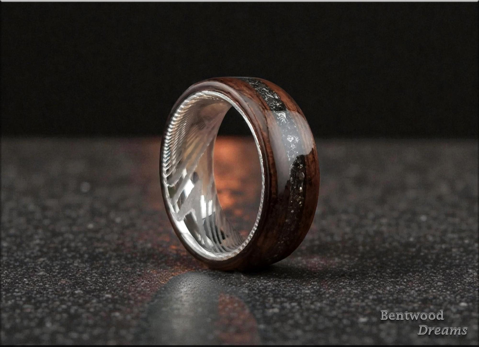 Bentwood Ring: Smoked Etimoe, Glorieta Mountain Meteorite, Damascus Steel core, wood ring