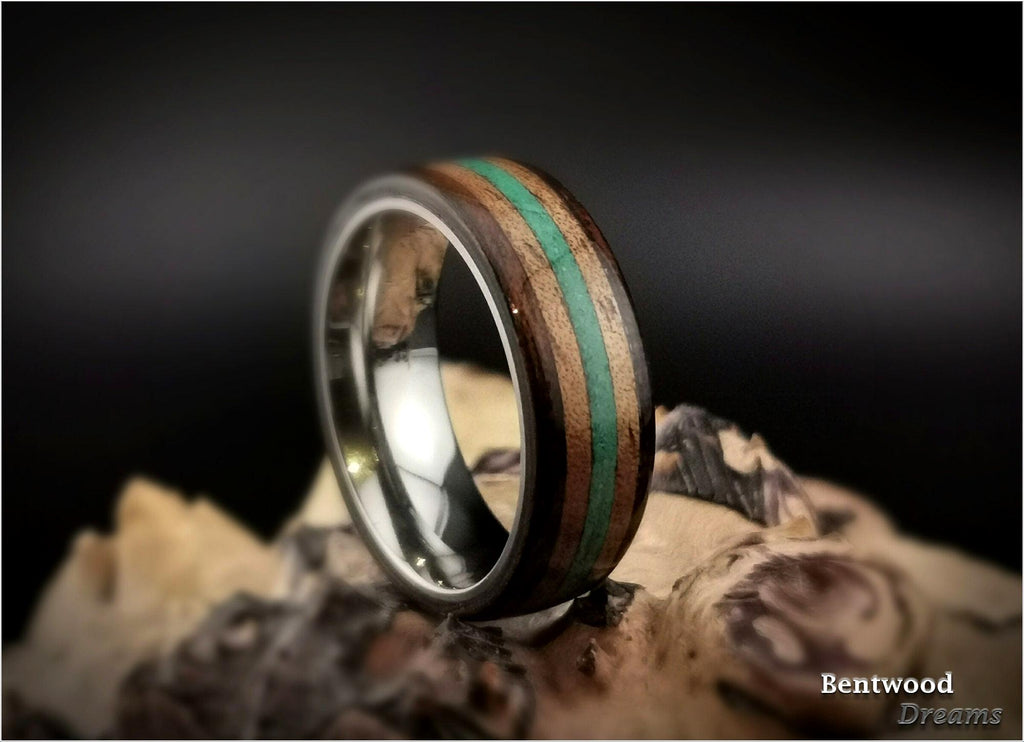 Bentwood Ring: Smoked Etimoe, inlaid Hawaiian Koa and Green Malachite, Titanium core