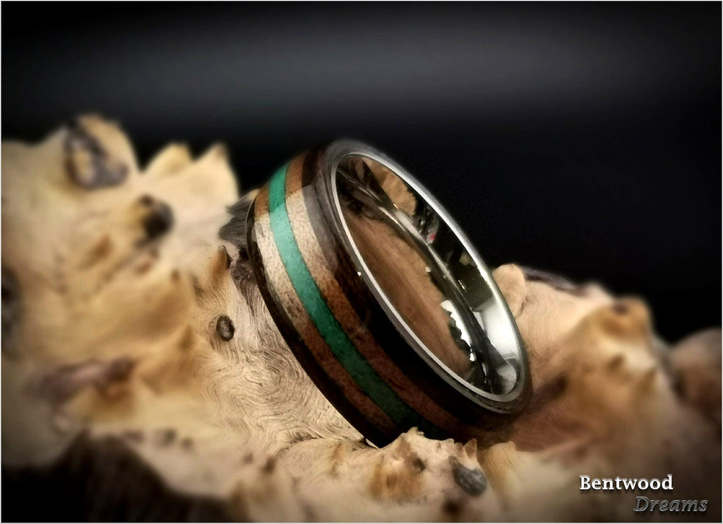 Bentwood Ring: Smoked Etimoe, inlaid Hawaiian Koa and Green Malachite, Titanium core