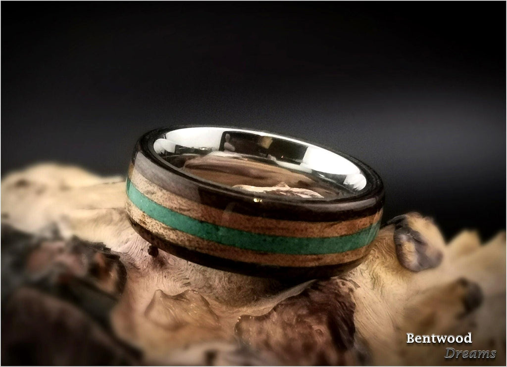 Bentwood Ring: Smoked Etimoe, inlaid Hawaiian Koa and Green Malachite, Titanium core