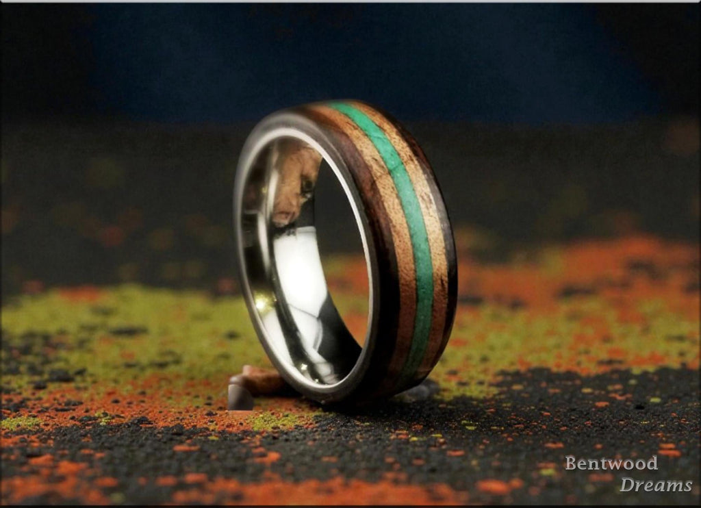 Bentwood Ring: Smoked Etimoe, inlaid Hawaiian Koa and Green Malachite, Titanium core