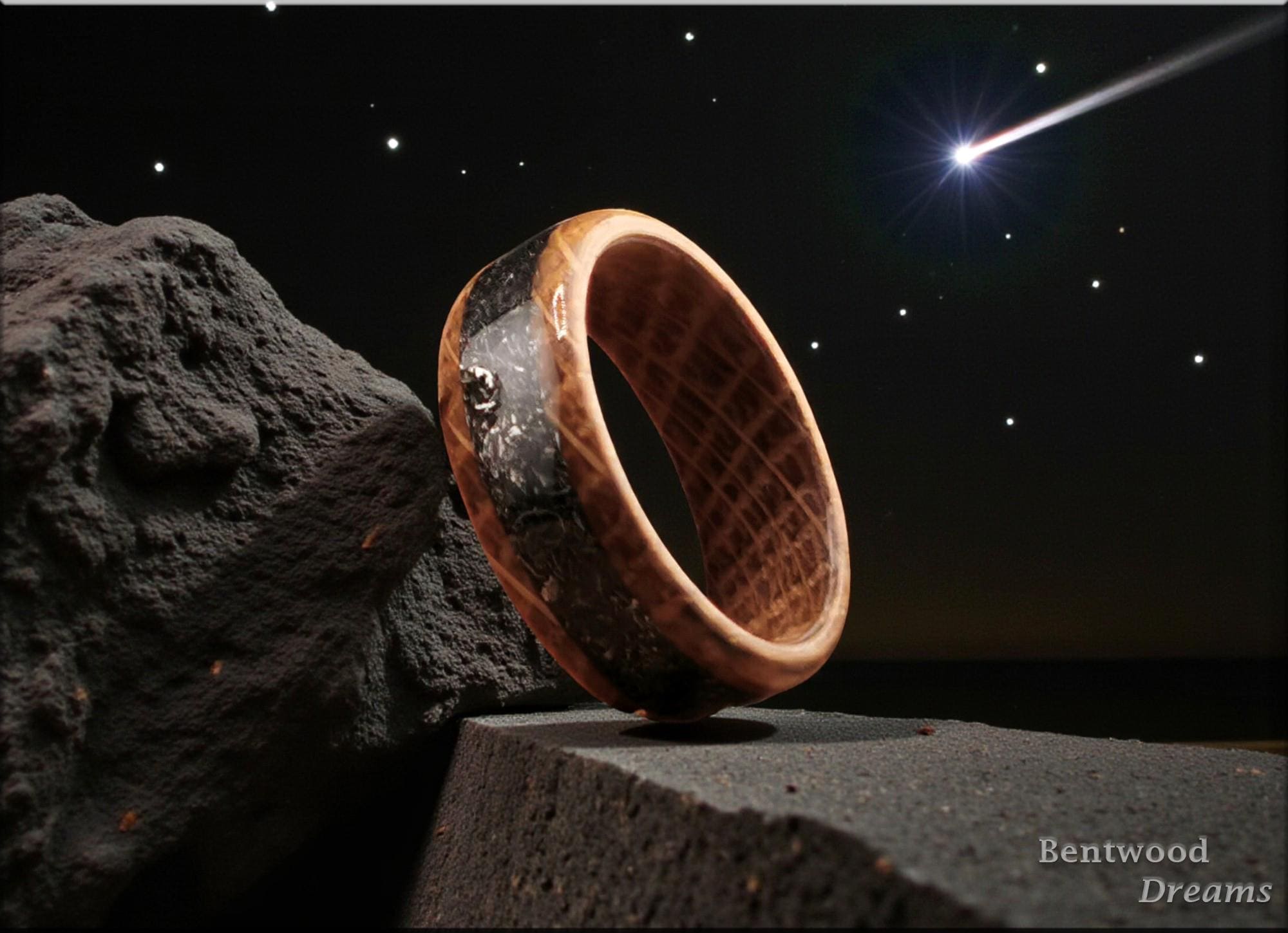 Bentwood Ring: Whisky Barrel, inlaid Odessa Meteorite, wood ring