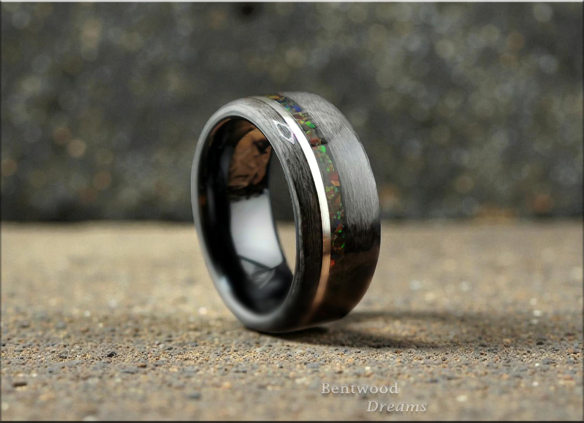Birdseye Maple Bentwood Ring: Sterling Silver, Lab Opal Inlay, Ceramic Core