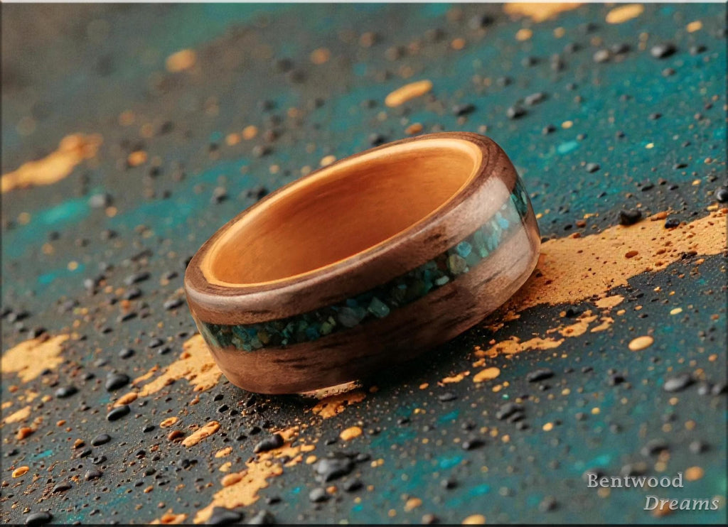 Bentwood Ring: Curly Walnut, offset inlaid Chrysocolla, Pearwood core, wood ring