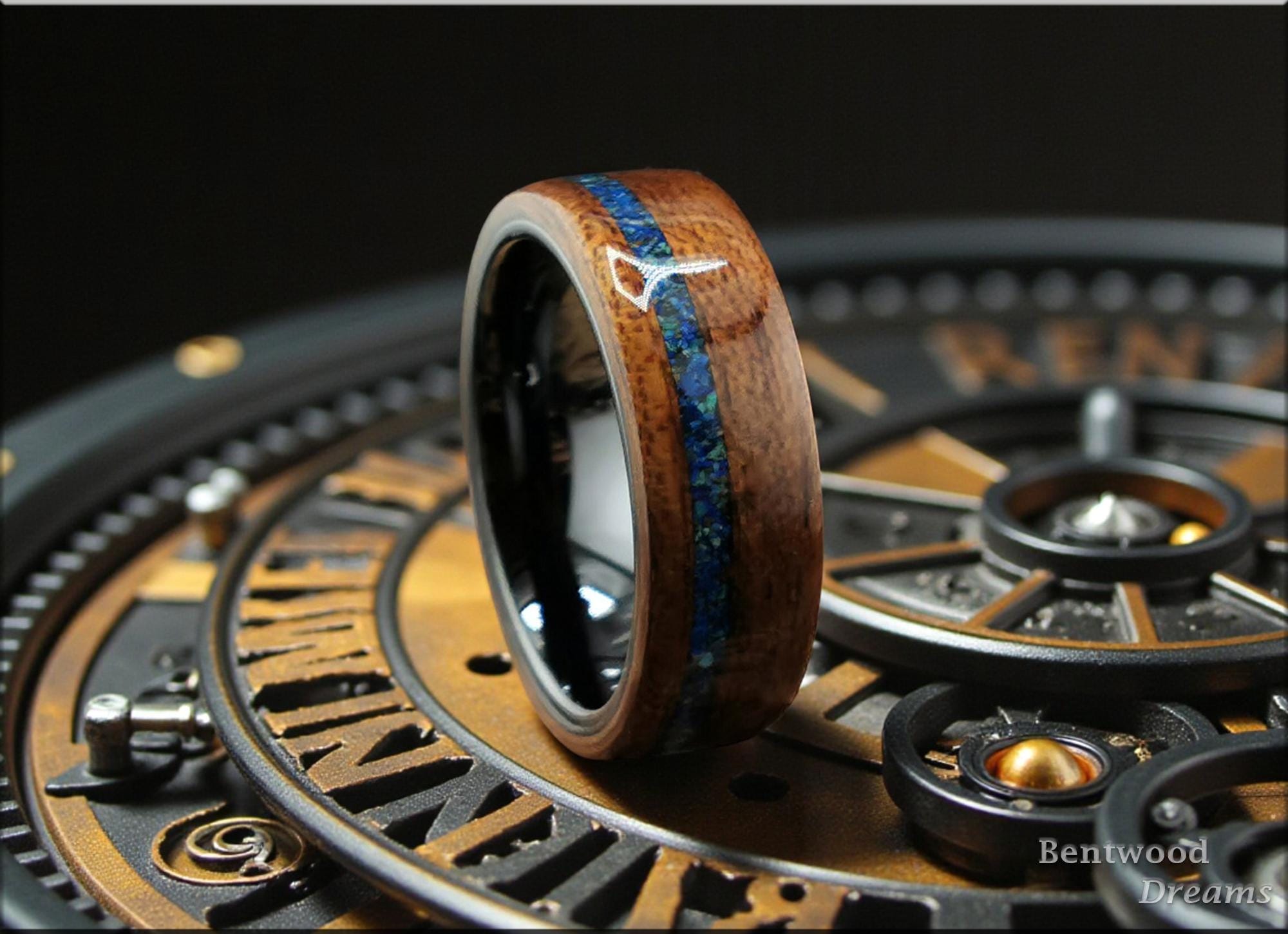 Bentwood Ring: Fumed Sapele, offset inlaid Azurite, Polished Black Ceramic core, wood ring