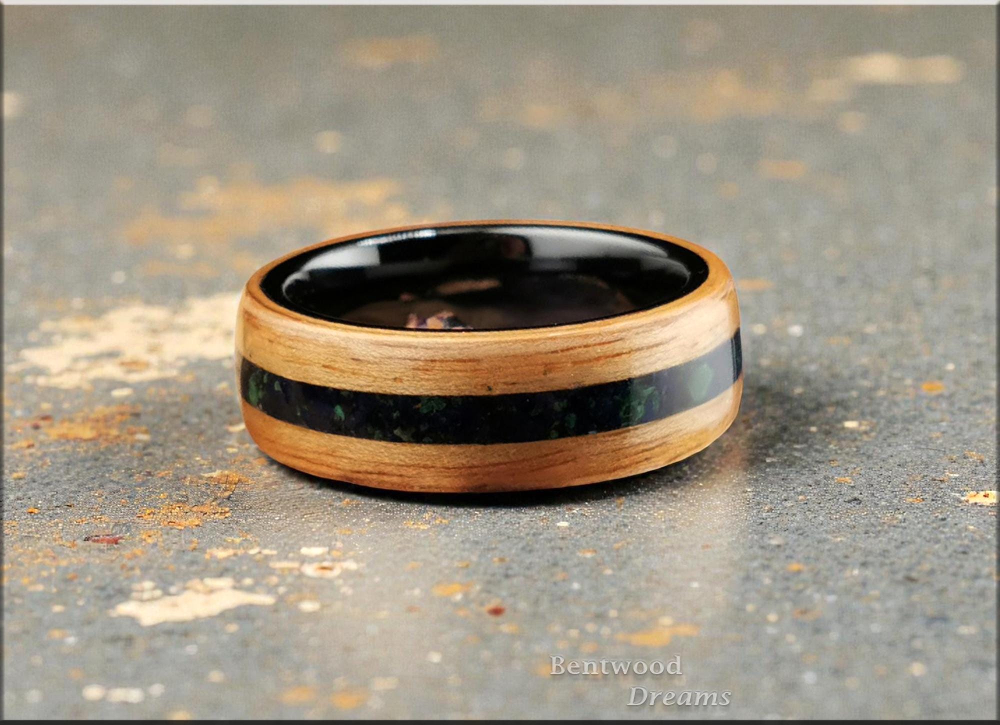 Bentwood Ring: Rustic Chestnut, inlaid Azurite-Malachite matrix, Black Ceramic core, wood ring