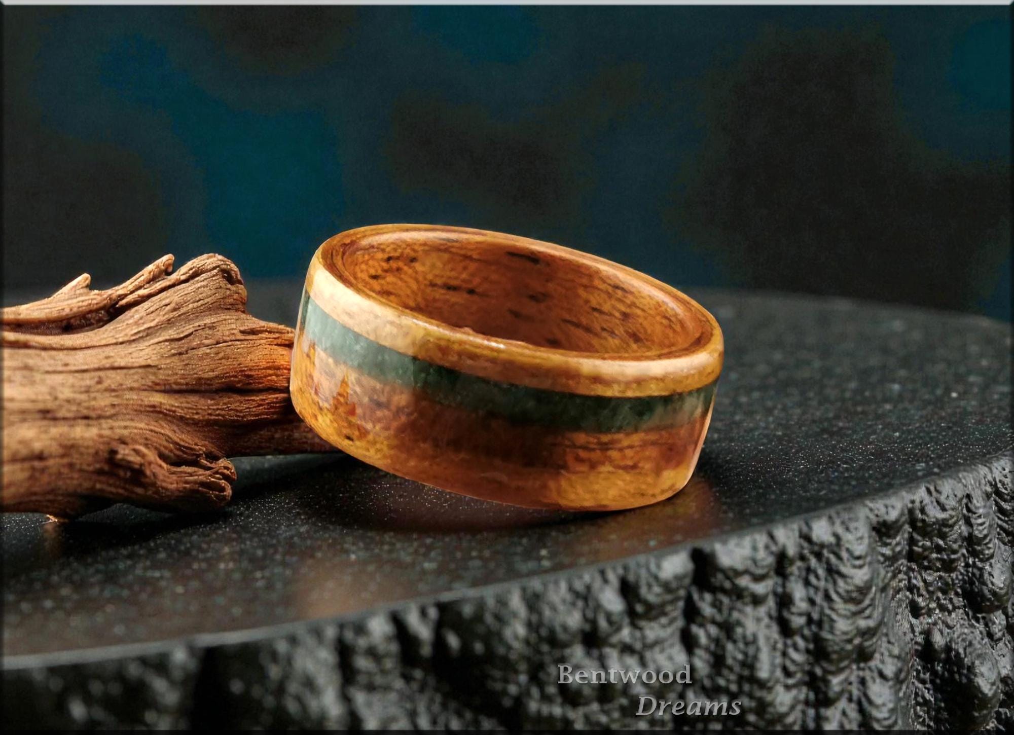 Bentwood Ring: Quartersawn Etimoe, offset inlaid Buddstone, wood ring