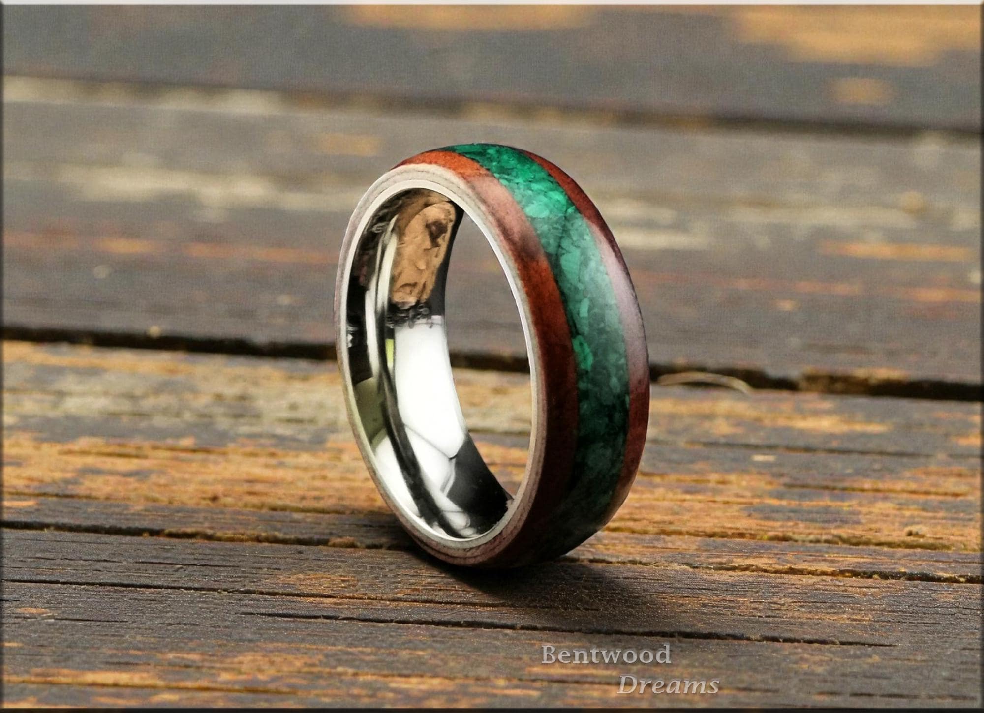 Bentwood Ring: Redwood Burl, inlaid Green Malachite, Polished Titanium core, wood ring
