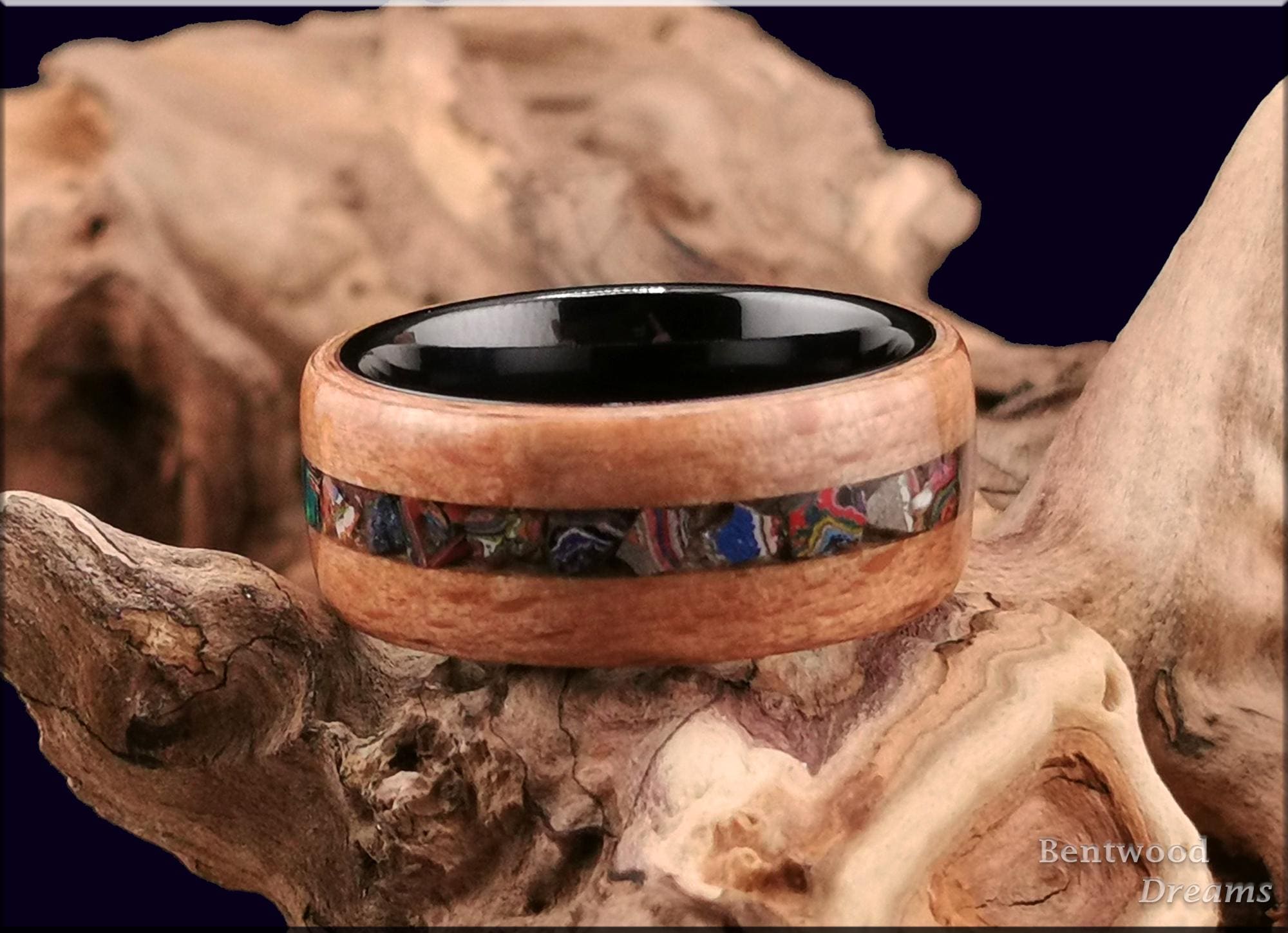 Bentwood Ring: Brownheart Beech, inlaid UV Reactive Cadillac Ranch ('Cadilite'), Black Ceramic core