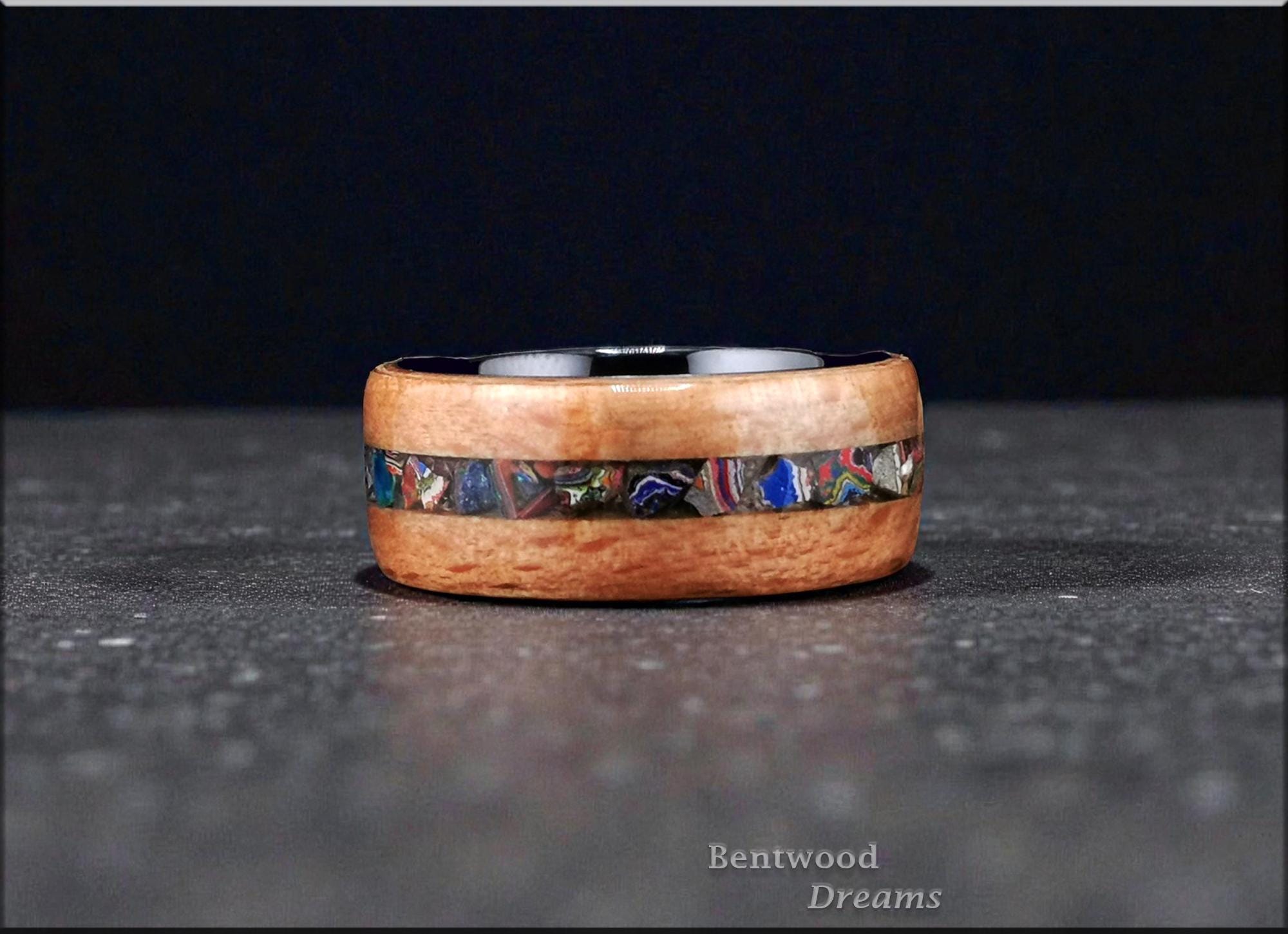 Bentwood Ring: Brownheart Beech, inlaid UV Reactive Cadillac Ranch ('Cadilite'), Black Ceramic core