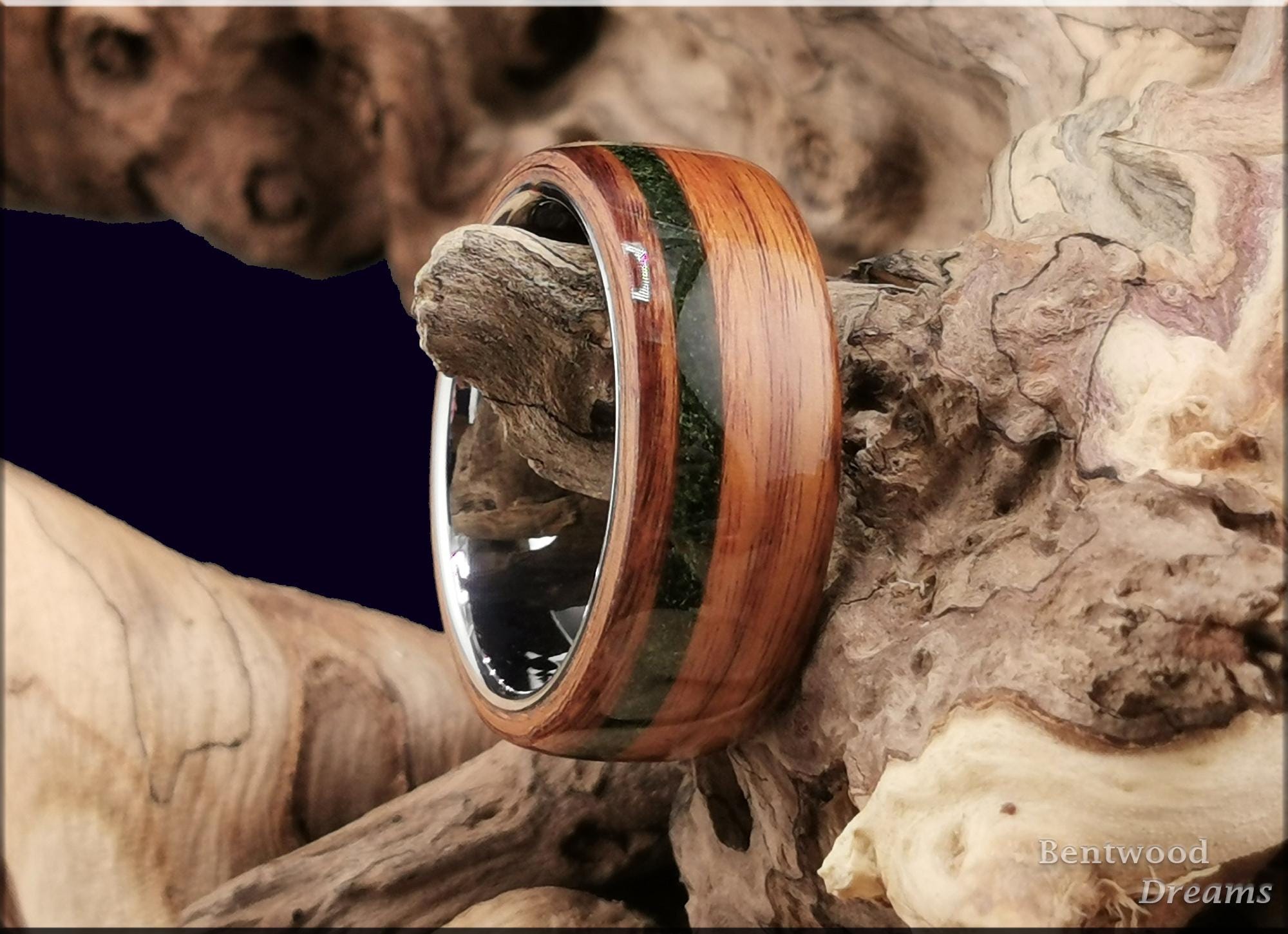 Bentwood Ring: Santos Rosewood, offset inlaid Green Goldstone, Tungsten carbide core, wood ring