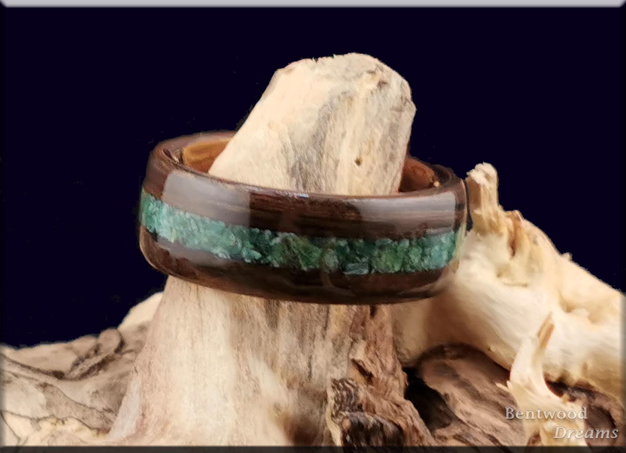 Bentwood Ring: Ancient Bog Oak, inlaid Verdite, Rose Gold Tungsten core, wood ring