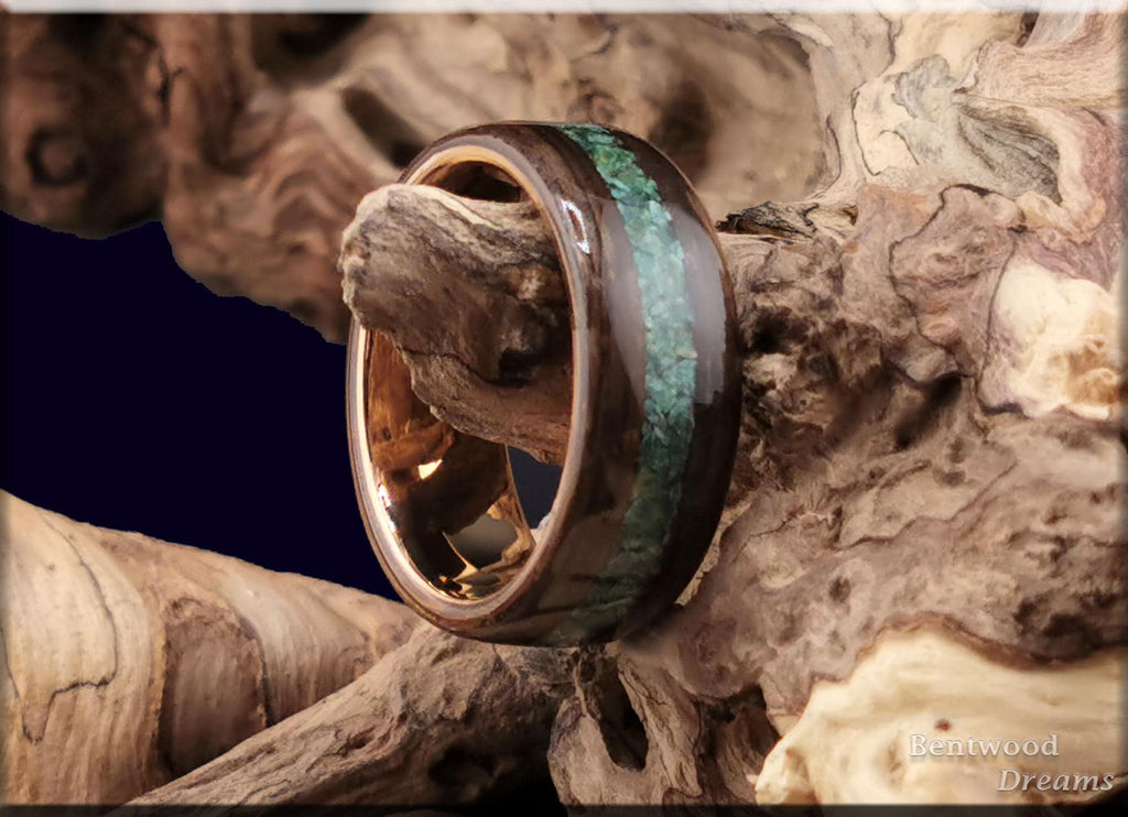 Bentwood Ring: Ancient Bog Oak, inlaid Verdite, Rose Gold Tungsten core, wood ring