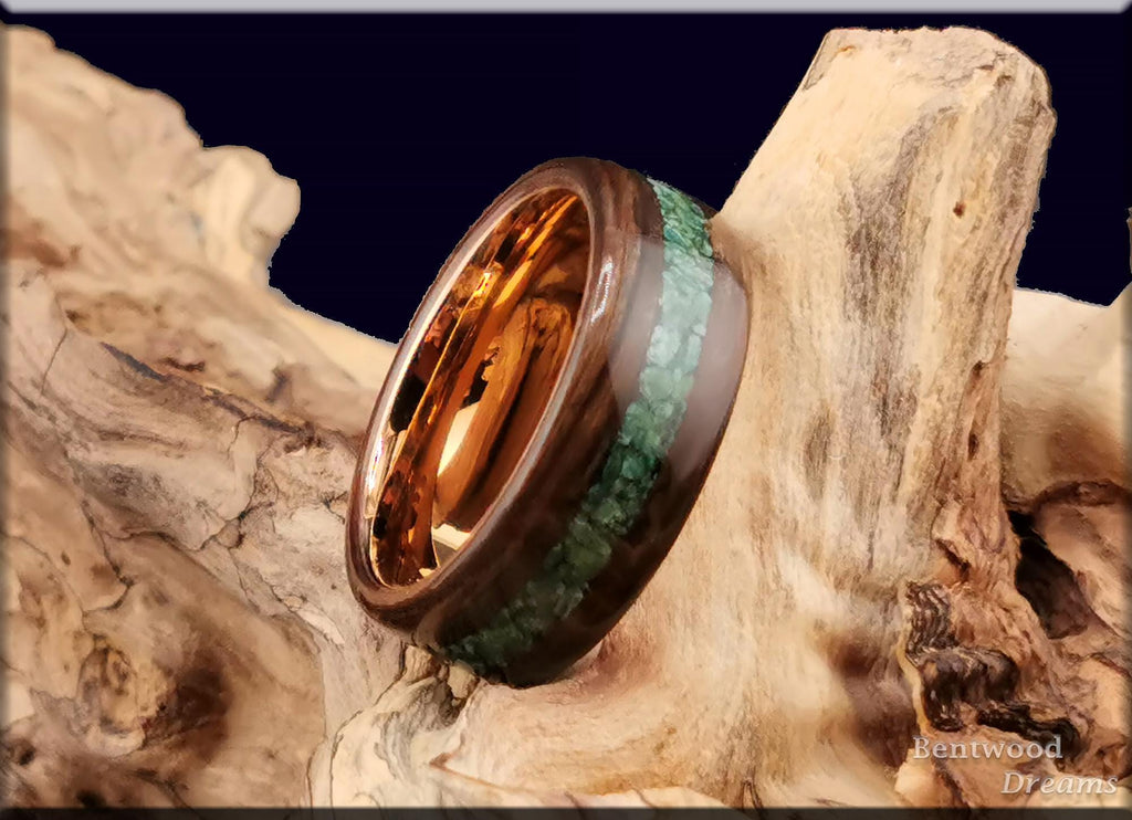 Bentwood Ring: Ancient Bog Oak, inlaid Verdite, Rose Gold Tungsten core, wood ring