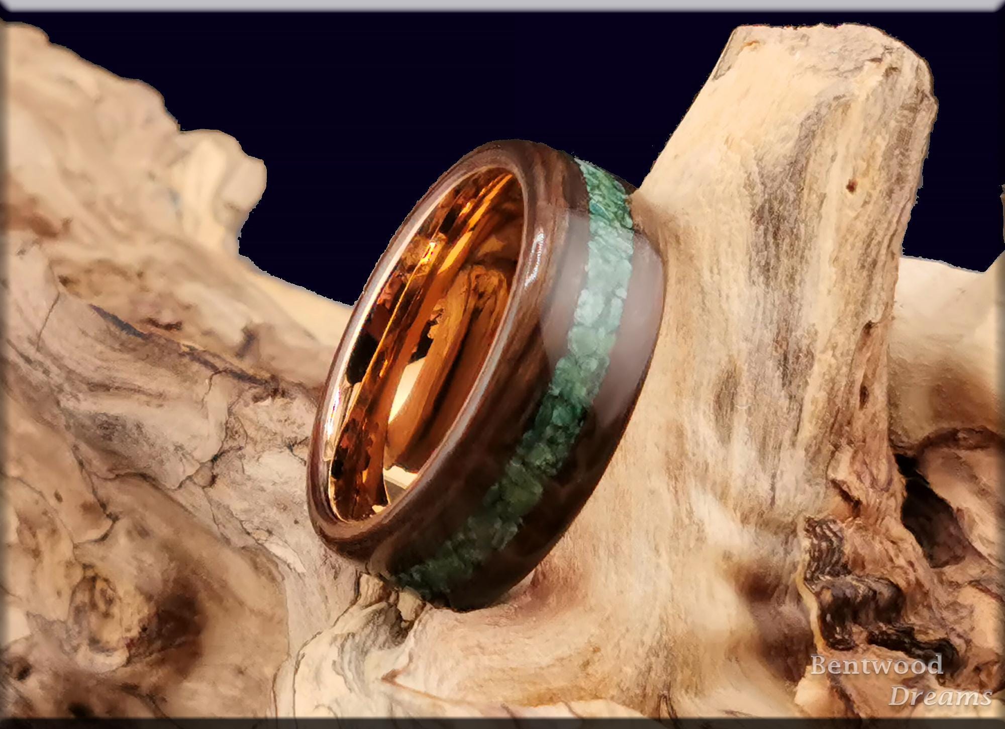 Bentwood Ring: Ancient Bog Oak, inlaid Verdite, Rose Gold Tungsten core, wood ring