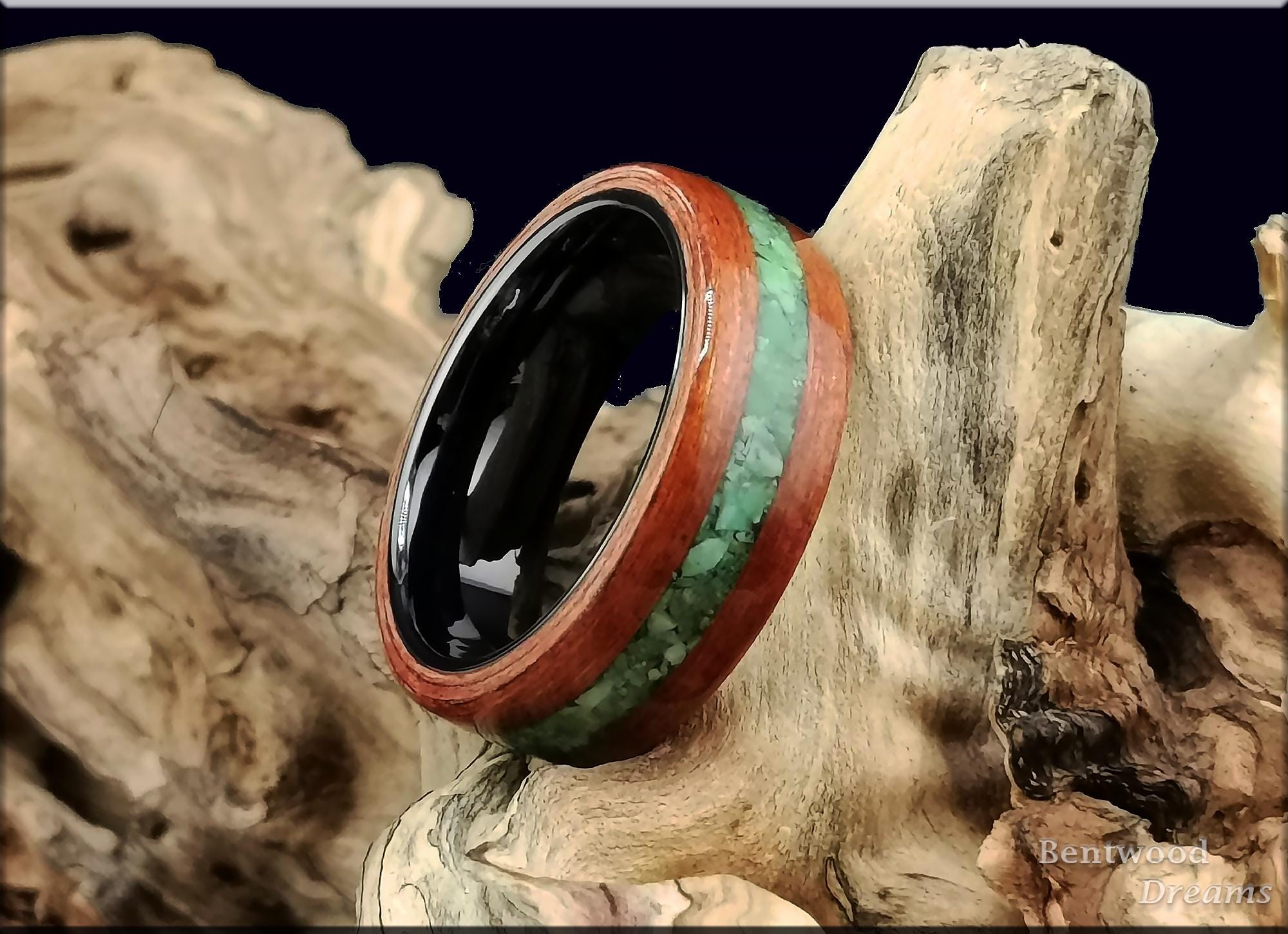 Bentwood Ring: Redwood, inlaid Apple Green Variscite, Polished Black Ceramic core