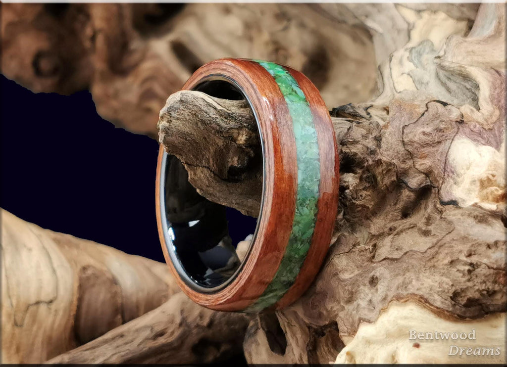Bentwood Ring: Redwood, inlaid Apple Green Variscite, Polished Black Ceramic core