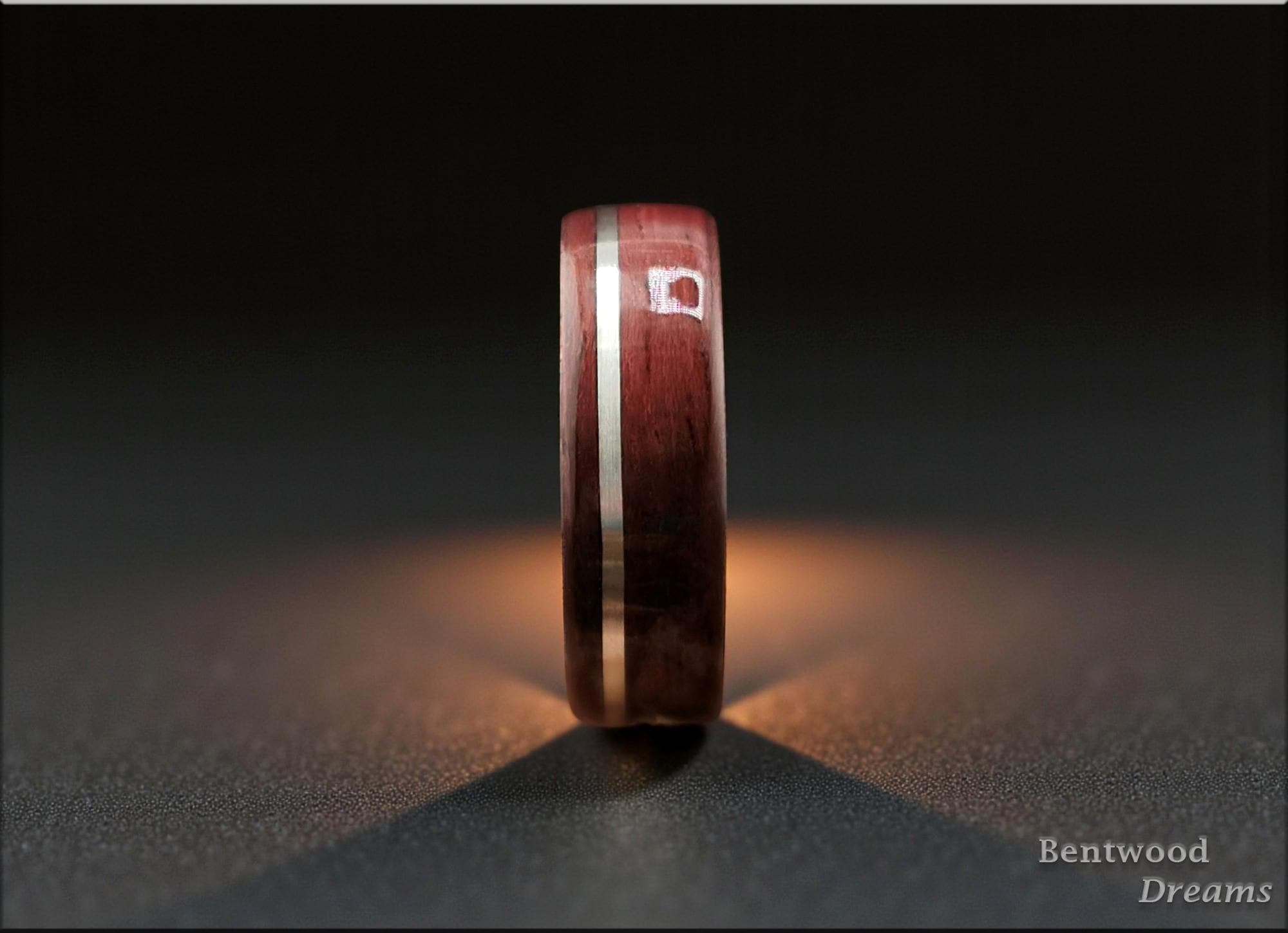 Bentwood Ring: Purpleheart, offset inlaid Sterling Silver, Polished Titanium core, wood ring