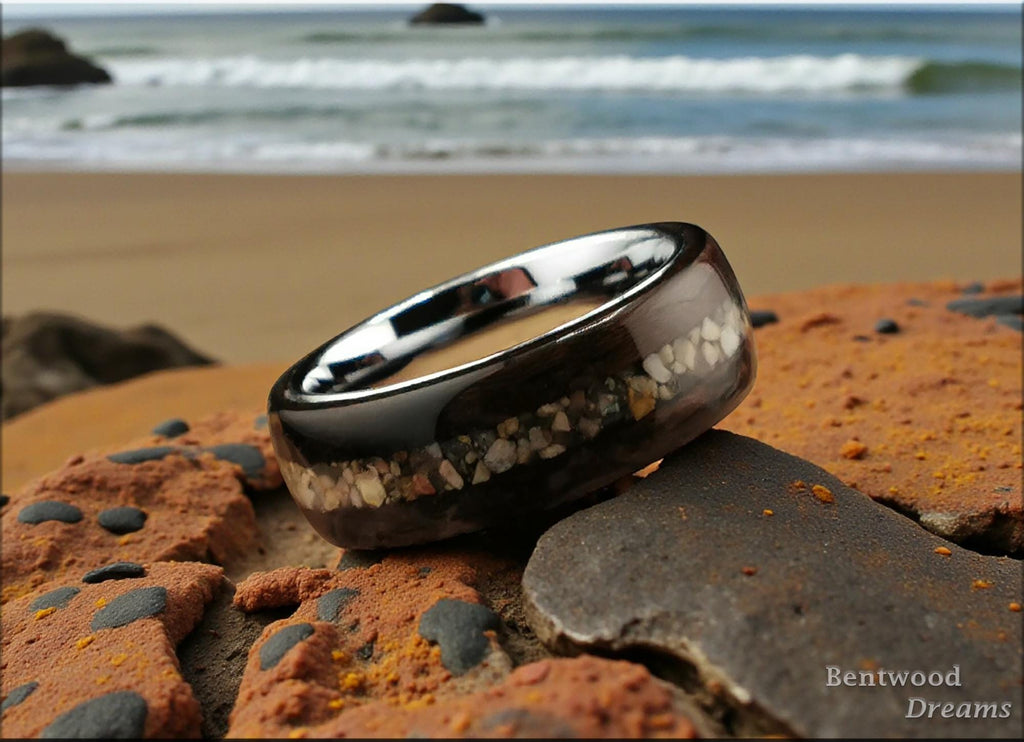 Bentwood Ring: Ziricote, inlaid Chilean Sand, Polished White Tungsten carbide core