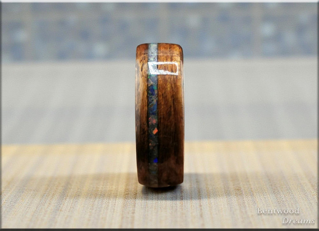 Bentwood Ring: Quartersawn Mozambique, offset inlaid Ethiopian Opal, Tungsten Carbide core, wood ring
