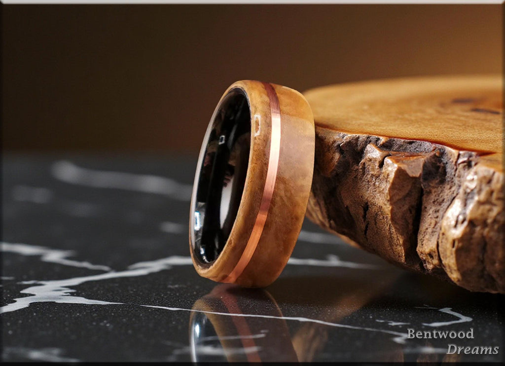 Bentwood Ring: Laurel Burl, offset inlaid Copper Wire, Polished Black Ceramic core, wood ring