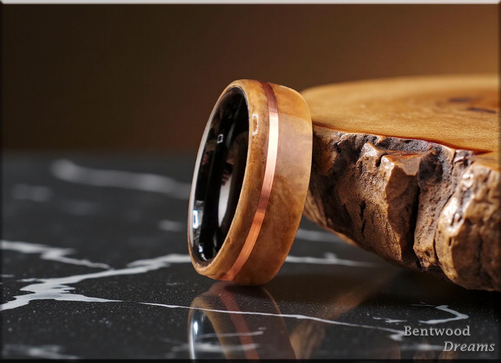 Bentwood Ring: Laurel Burl, offset inlaid Copper Wire, Polished Black Ceramic core, wood ring