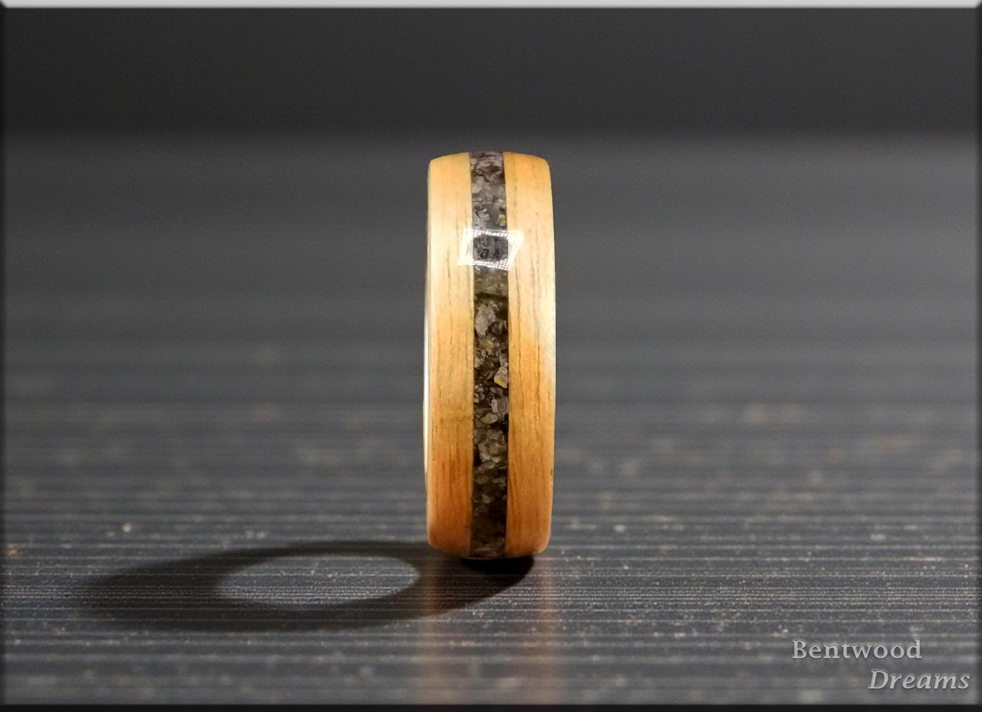 Bentwood Ring: Rustic Chestnut, inlaid Allosaurus Bone, Polished Copper core, wood ring