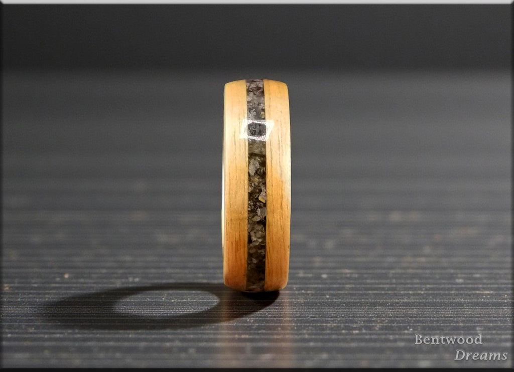 Bentwood Ring: Rustic Chestnut, inlaid Allosaurus Bone, Polished Copper core, Quick Ship