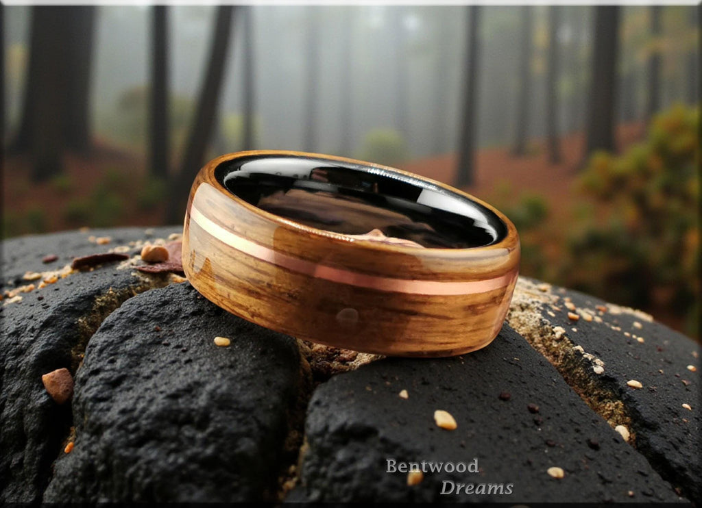 Bentwood Ring: Smoked Red Oak, offset inlaid Copper Wire, Polished Black Ceramic Core
