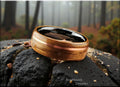 Bentwood Ring: Smoked Red Oak, offset inlaid Copper Wire, Polished Black Ceramic Core