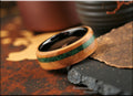 Bentwood Ring: Rare Myrtle Burl, inlaid Malachite, Polished Black Ceramic core, wood ring