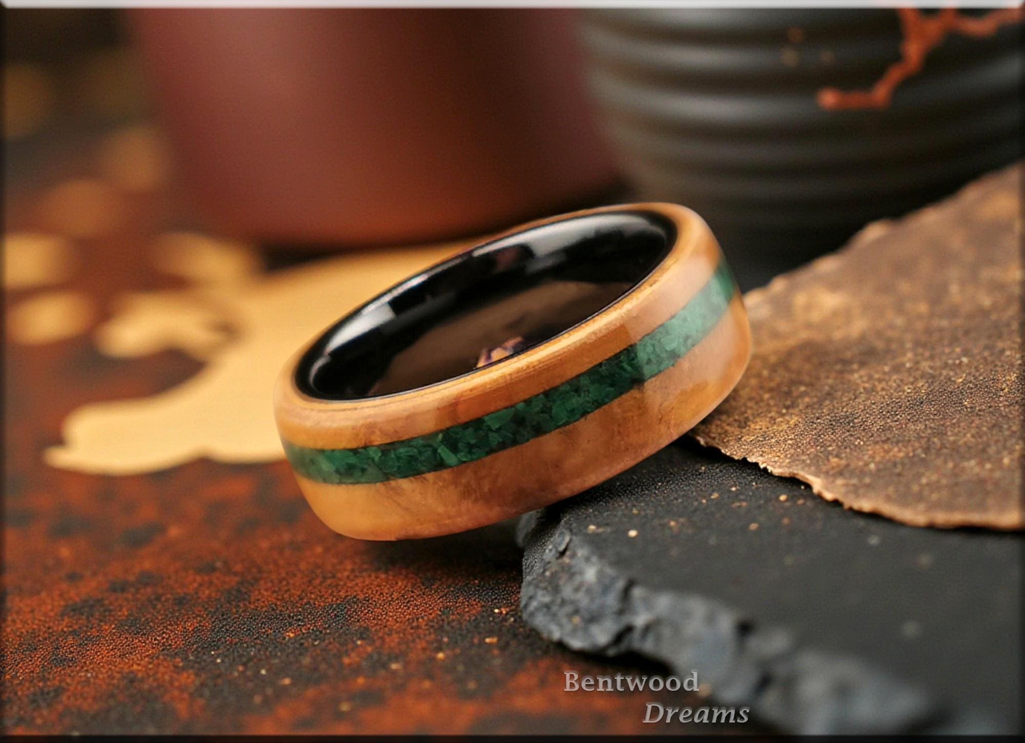 Bentwood Ring: Rare Myrtle Burl, inlaid Malachite, Polished Black Ceramic core, wood ring